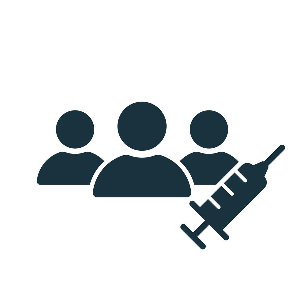 Vaccine Trials thin icon. Group of People and Syringe. Testing Medical Vaccination. Time to vaccinate concept. Syringe simple silhouette icon. Vector illustration.