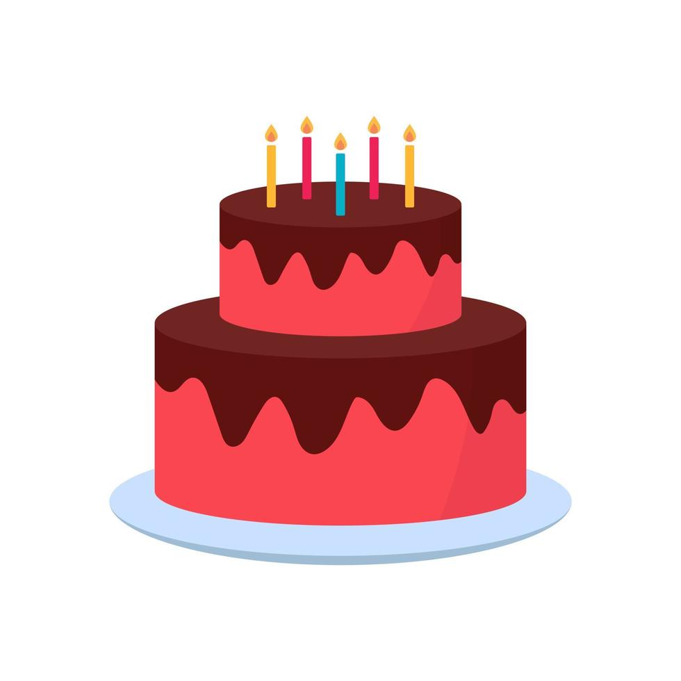 Delicious Cake with Candles for Birthday Party. Cute Cake with Icing  Chocolate Cream on Plate for Birthday, Anniversary, Wedding. Colorful Sweet  Tasty Bakery. Isolated Vector Illustration 5482689 Vector Art at Vecteezy