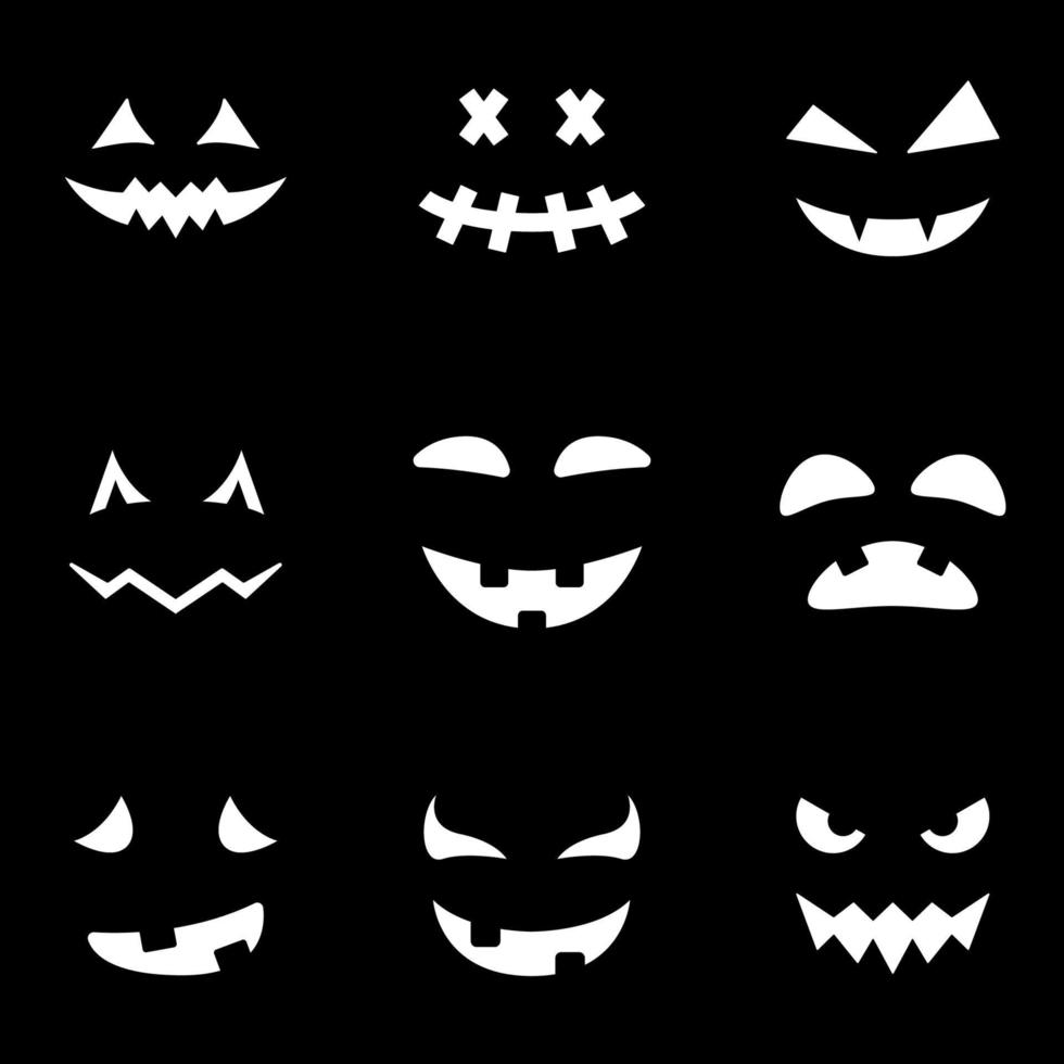 Scary and Funny Faces for Halloween Pumpkin Silhouette Icon on Black Background. Halloween Horror Emotions Icon. Spooky Faces of Ghost Glyph Pictogram. Isolated Vector Illustration.