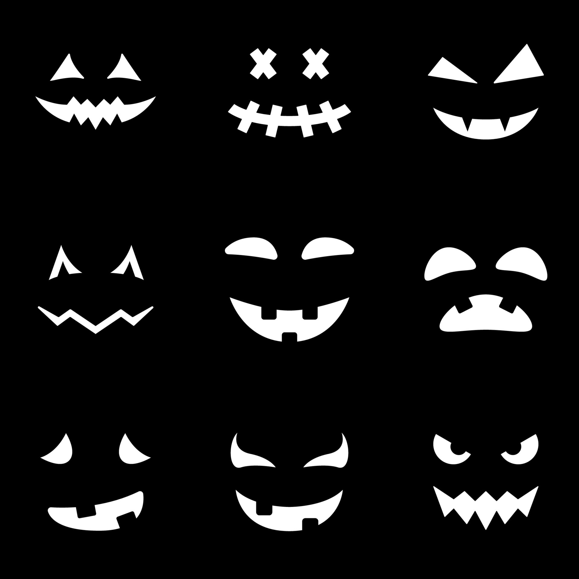 Scary and Funny Faces for Halloween Pumpkin Silhouette Icon on Black ...