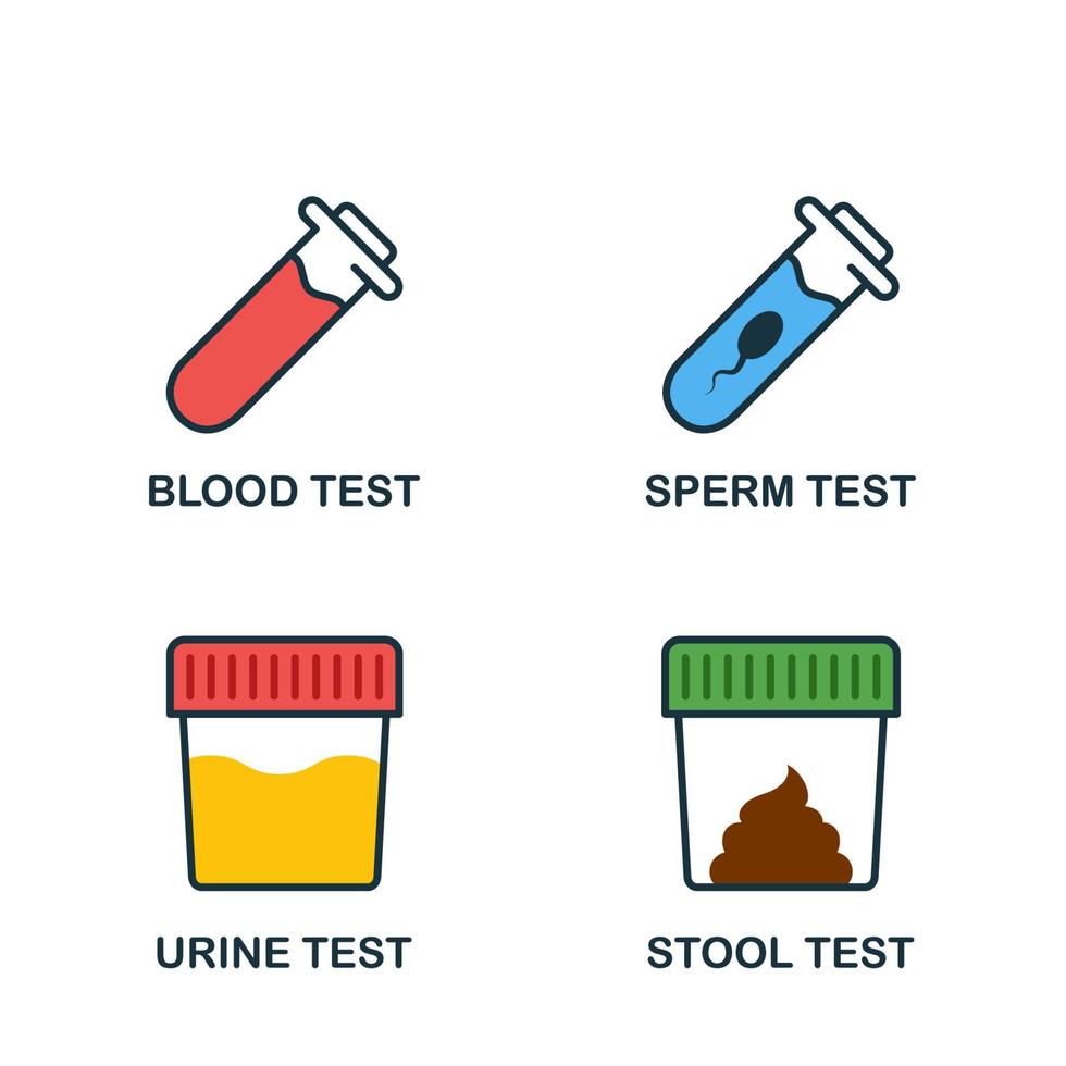 Stool, Urine, Sperm, Blood Test Set Flat Icon. Medical Exam of Blood, Feces, Semen, Urine Icon. Sample for Laboratory Research Pictogram. Isolated Vector Illustration.