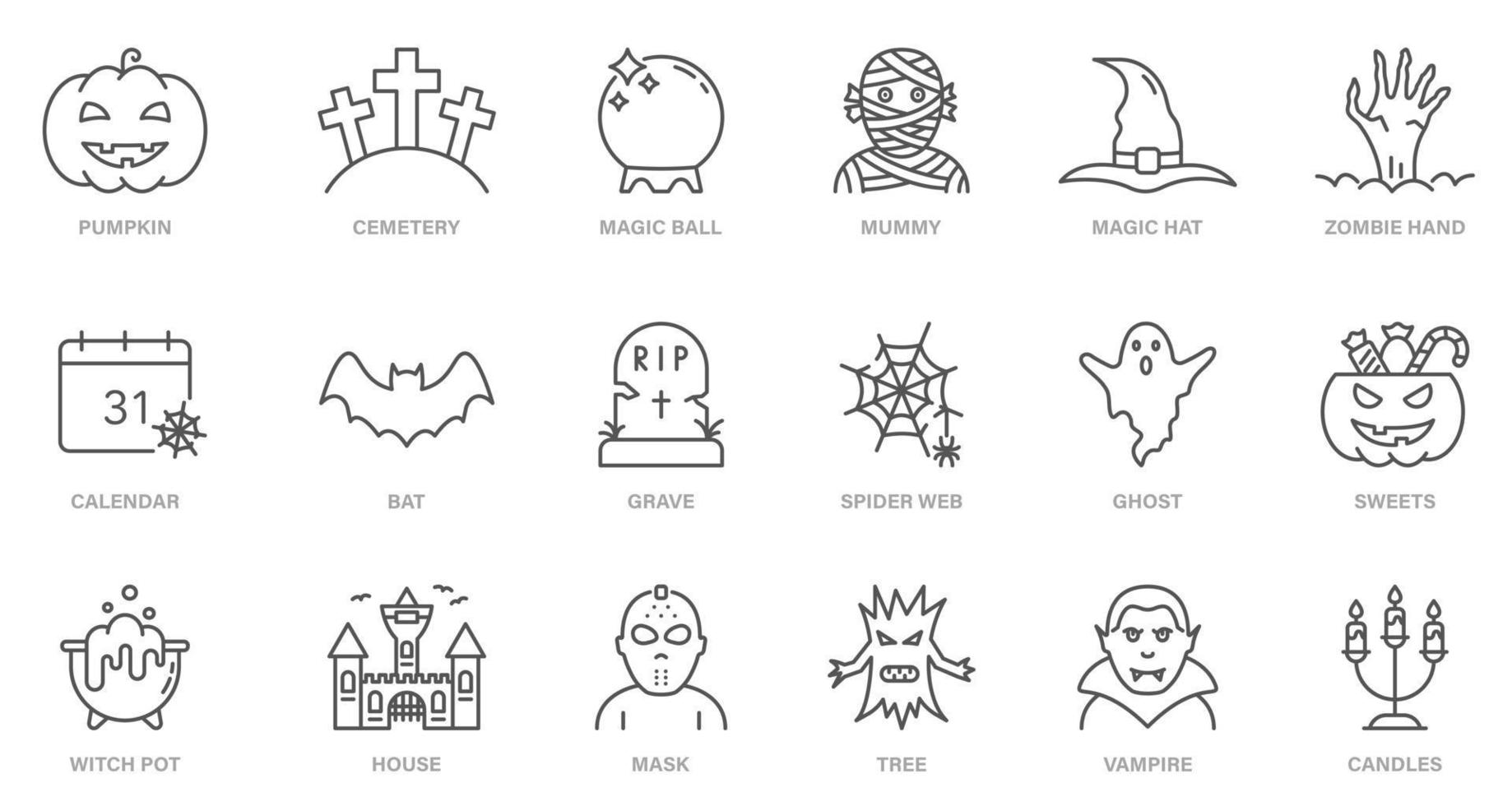 Halloween Set Line Icon. Pumpkin, Ghost, Bat, Grave, Candy, Vampire, Creepy Castle Black Icon for Celebration 31 October. Spooky Horror Outline Pictogram. Editable Stroke. Vector Illustration.