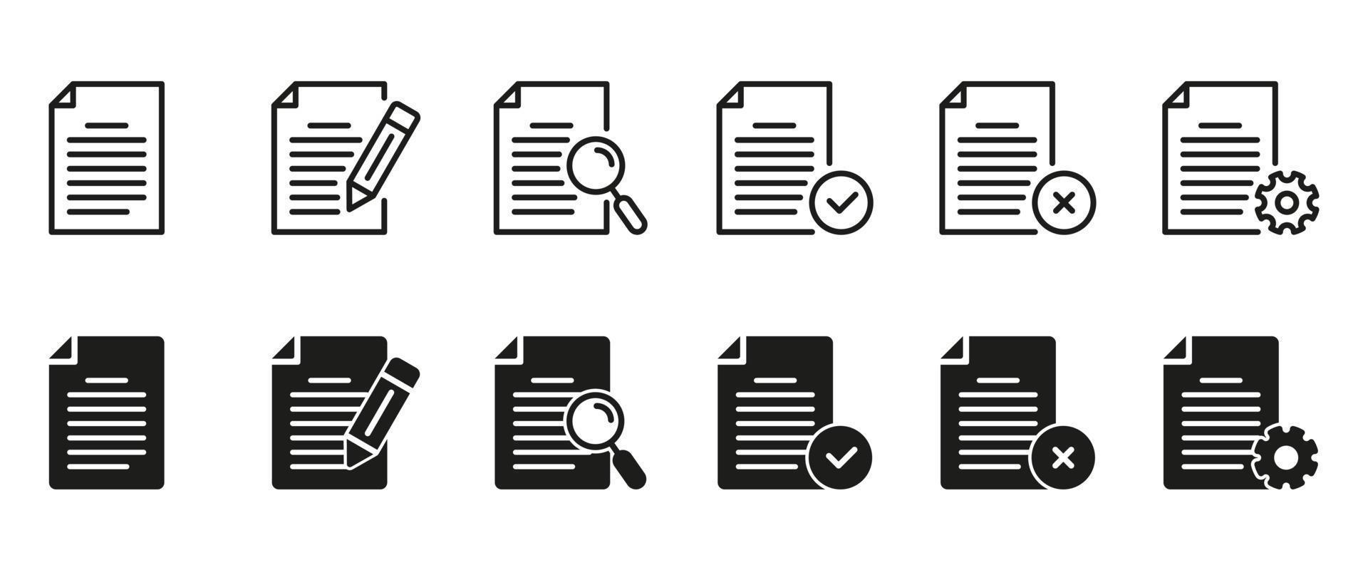 Set of Files Icon. Office Paper Pages Collection Black Line and Silhouette Icons. Business Documents Symbol with Pencil, Gear, Magnifier. Isolated Vector Illustration.