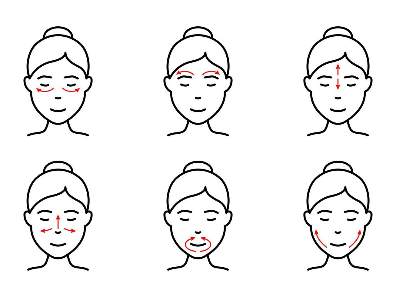 Technique of Facial Massage Line Icon. Anti Aging Self Face Massage with Arrow Pictogram. Girl Beauty Treatment, Skin Care Procedure Outline Icon. Isolated Vector Illustration