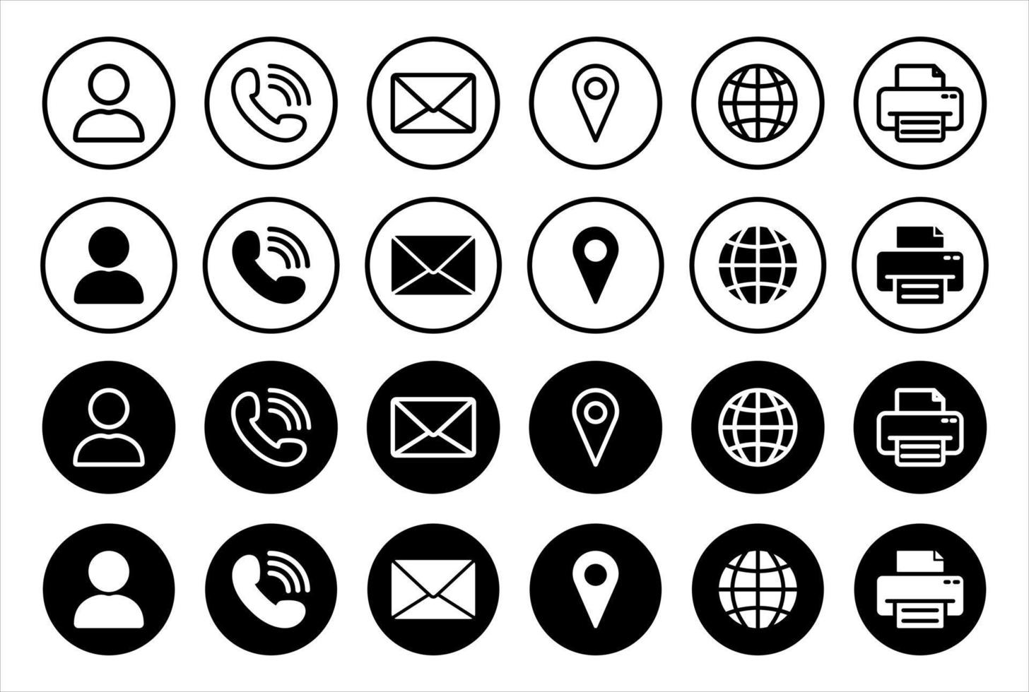 conjunto de concepto de icono de contacto en línea. botones negros símbolo de llamada, mensaje y comunicación web. iconos de teléfono, correo electrónico, hombre, pin, globo, línea de fax y silueta. ilustración vectorial aislada. vector