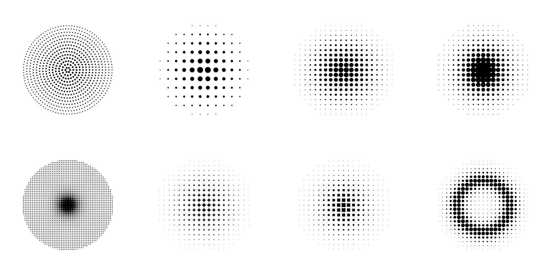 Halftone Gradient Circles Pictogram Set. Abstract Halftone Dots Pattern. Round Gradient Geometric Black and White Circle Texture. Raster Round Retro Dots. Isolated Vector Illustration.