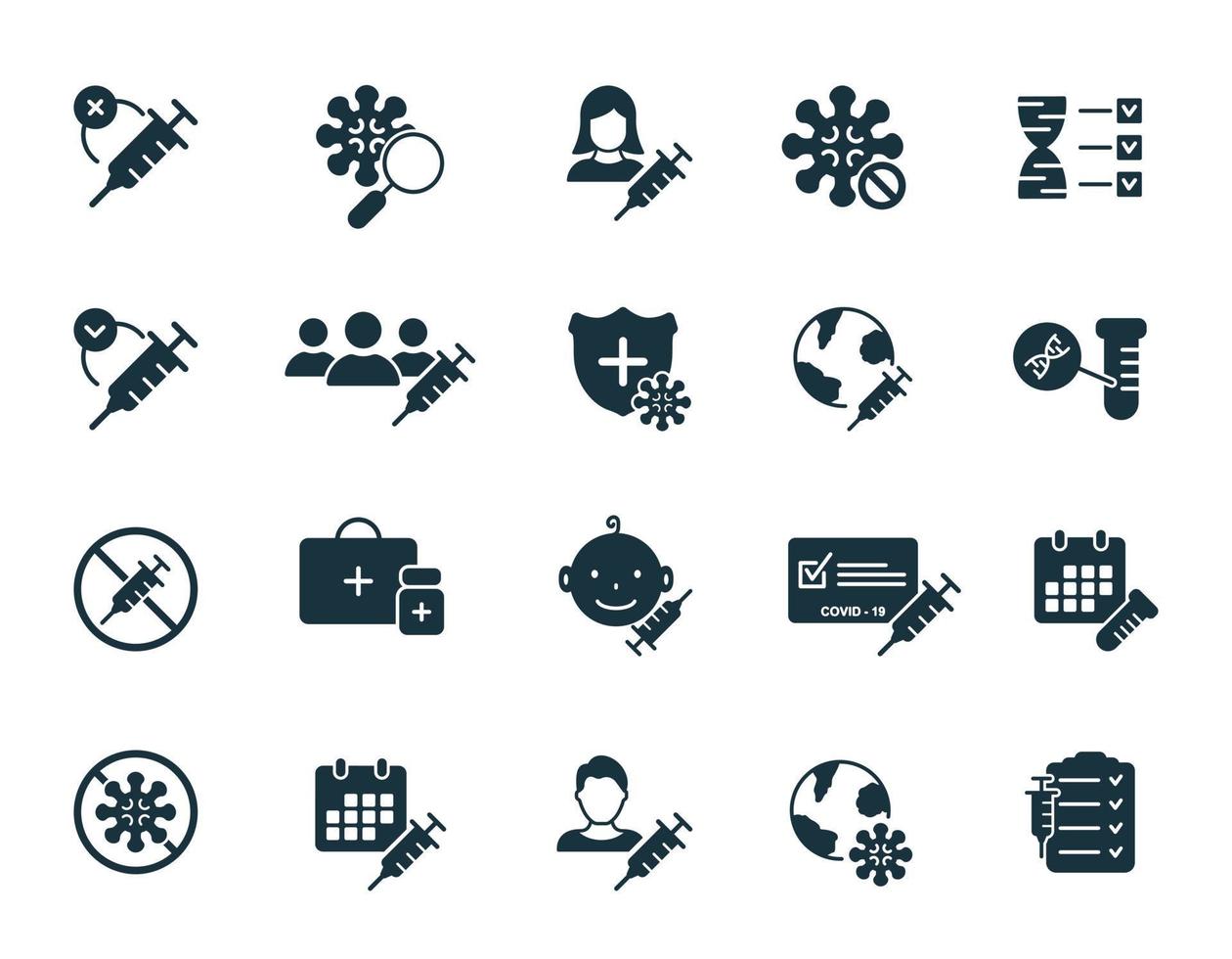 Set of Medical Vaccination Silhouette icons. Injection, prevention and treatment of covid. Vaccine Glyph Icons. Medical Syringe and Virus, Certificate for Vaccine. Vector illustration.