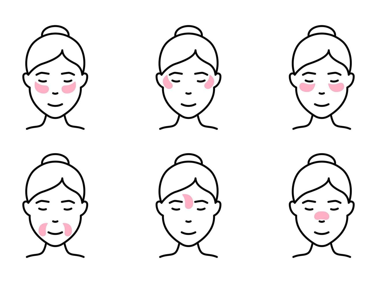 chica con un método diferente para usar el icono de la línea de parche de gel. parches debajo de los ojos, entre las cejas, para el pictograma de la boca y la nariz. icono de procedimiento antienvejecimiento facial. ilustración vectorial aislada. vector