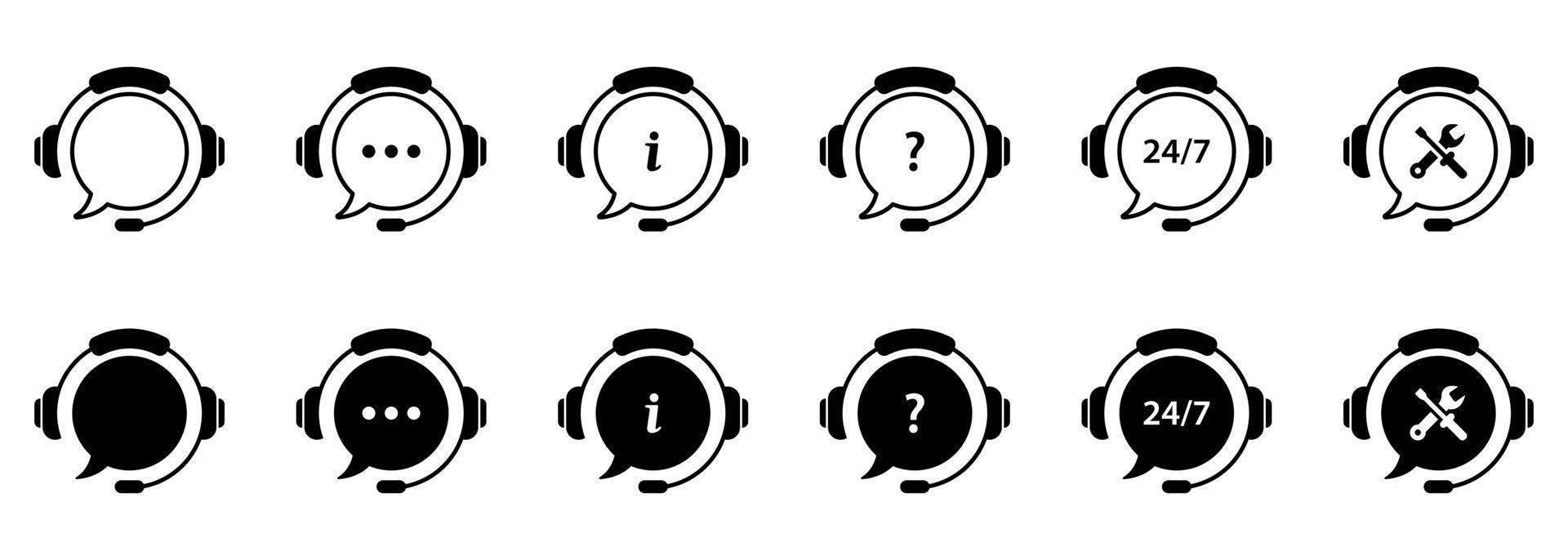 Client Support Service on White Background. Headset with Question Mark, Ellipsis. Hotline Concept Silhouette and Line Icons. Around Clock Telephone and Online Help Pictogram. Vector Illustration.