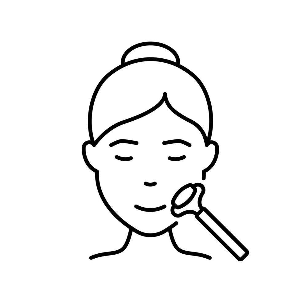 Woman Facial Massage with Roller Line Icon. Jade Roller for Girl Face Massage Linear Pictogram. Beauty Relax Procedure for Female Skin Face Outline Icon. Isolated Vector Illustration.