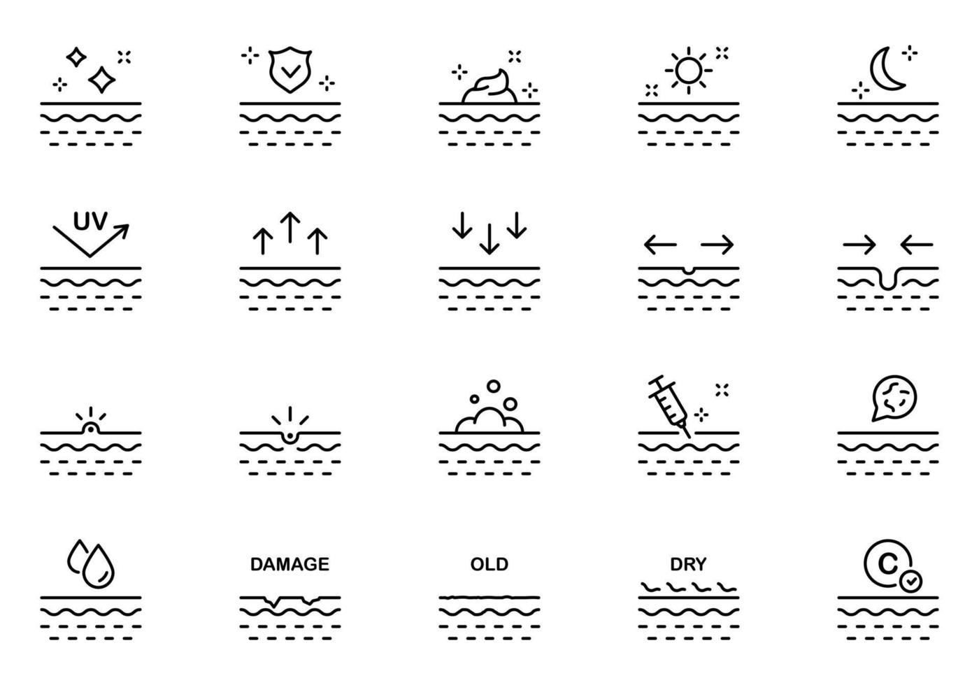 Skin Care Moisture, Injection, Protection Line Icon Set. Skin Problem Pimple, UV, Acne, Microbes Linear Pictogram. Treatment Skin Layer Outline Icon. Isolated Vector Illustration.