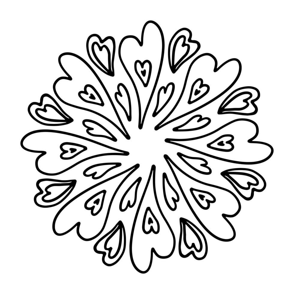 mandala con corazones. ornamento decorativo del círculo del contorno del vector. diseño para el día de san valentín, camiseta, patrón, pegatina, tarjeta de felicitación, página para colorear. vector