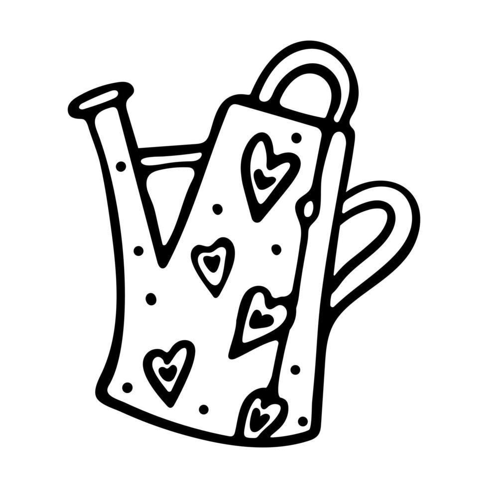 Hand-drawn Watering can with hearts print. Doodle outline vector illustration isolated on white background. Engraved simple style.