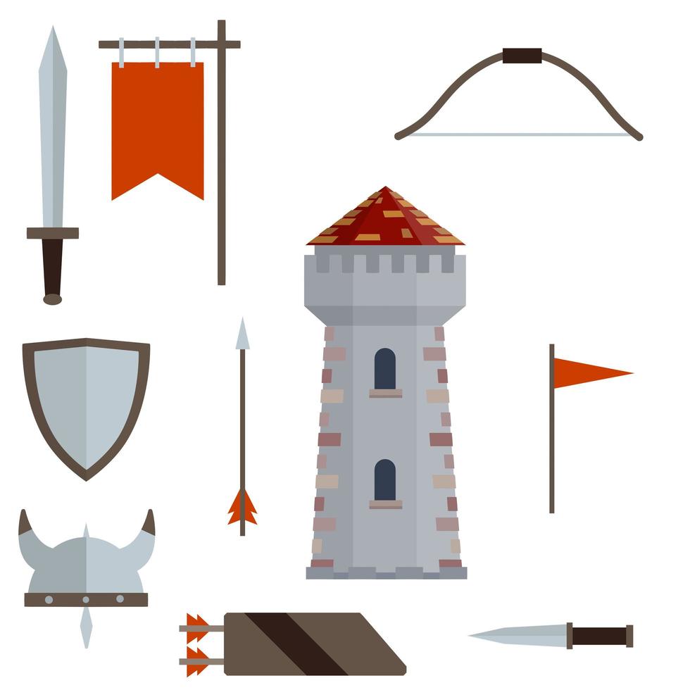 Medieval set of item. European castle with tower, shield, sword, red flag, tournament, arrow, bow, quiver, helmet of Viking. Historical subject. Cartoon flat illustration. Old armor and knight weapons vector