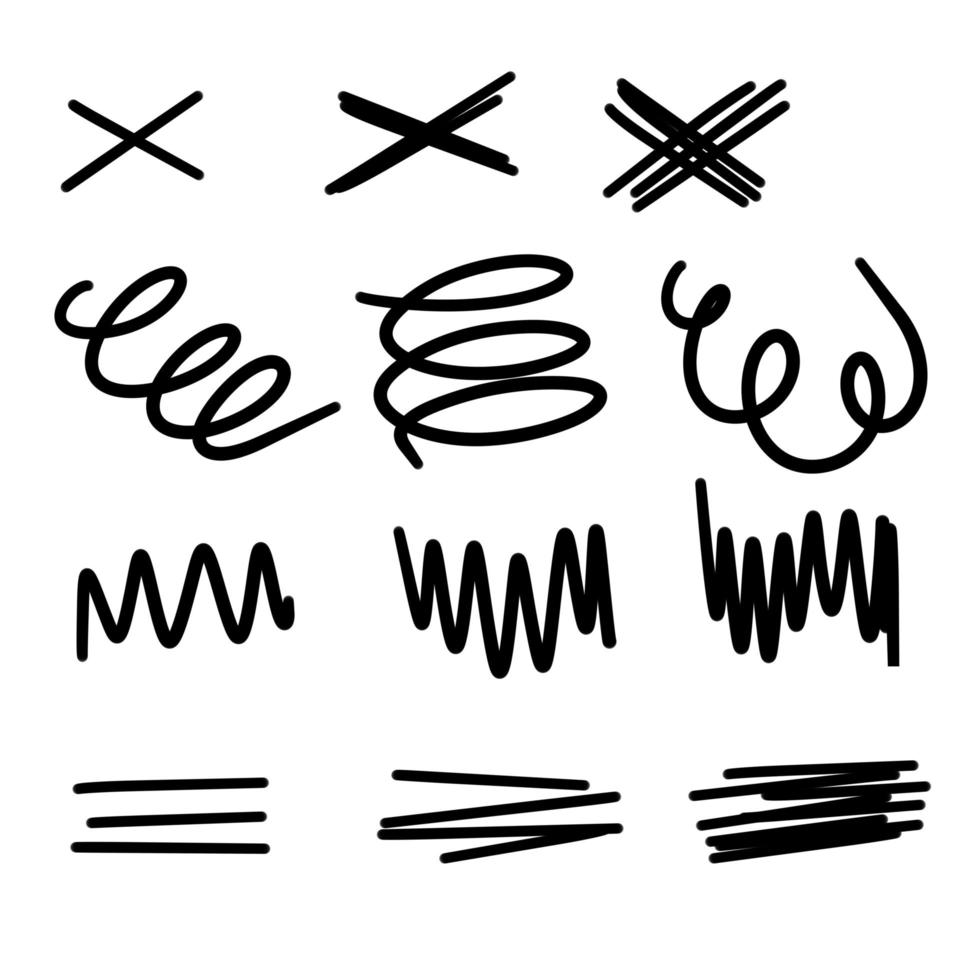 Set of doodle crosses, swirls, broken lines. Hand-drawn geometric shapes vector