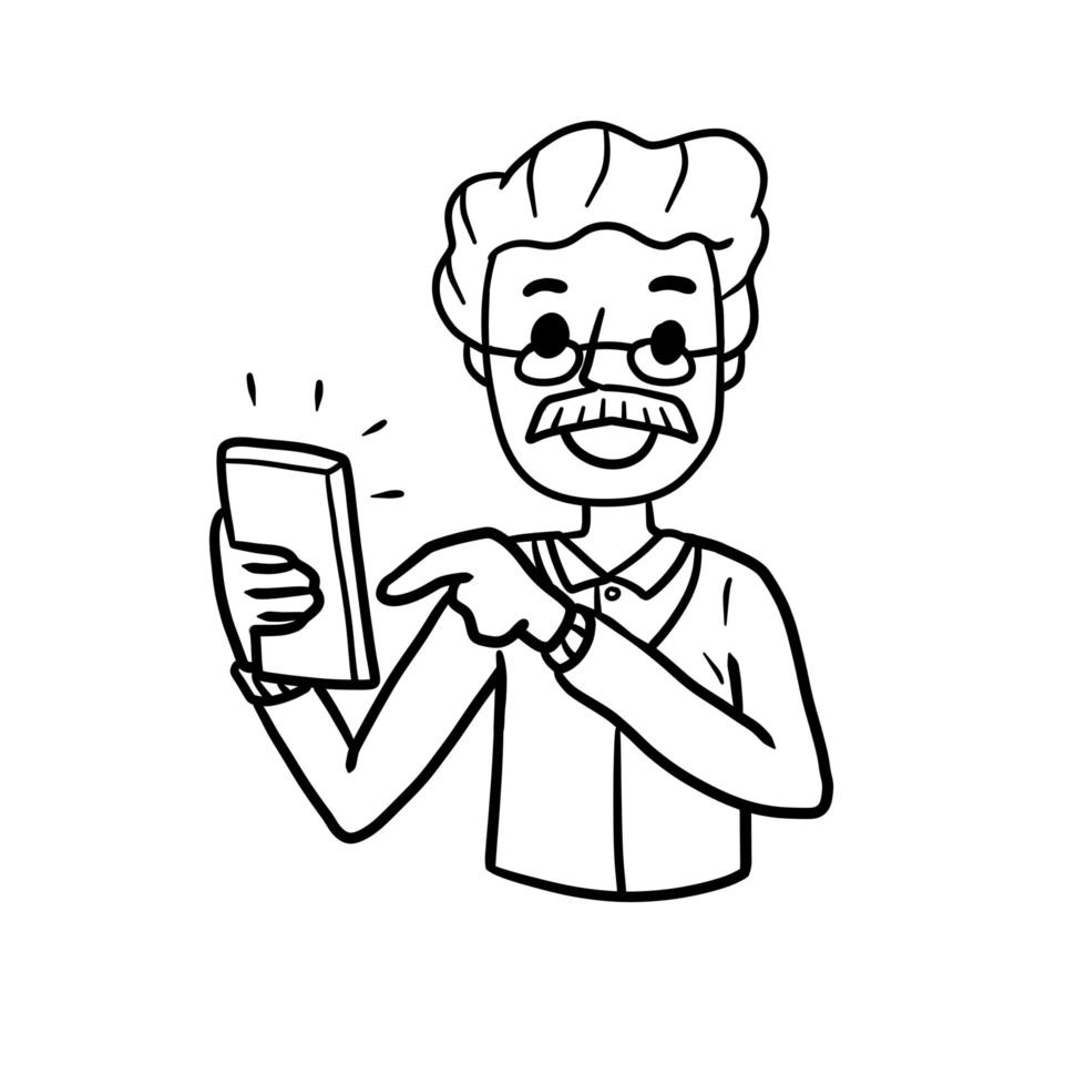 Old Man with mobile phone. Cartoon hand drawn sketch illustration. vector