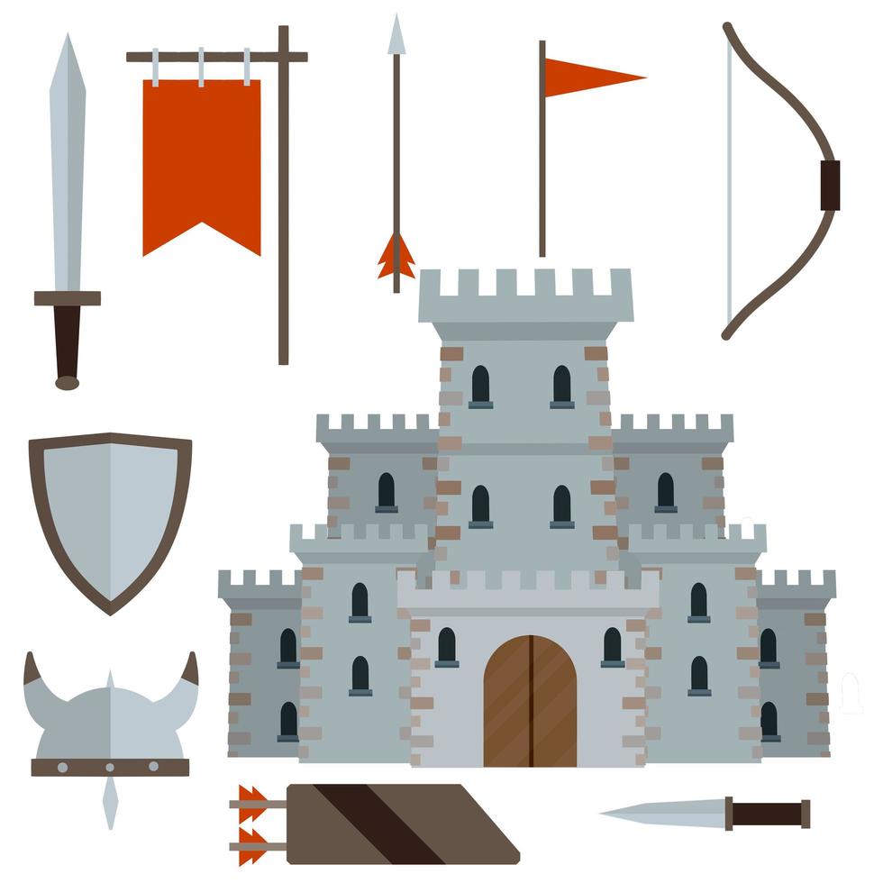 Medieval set of item. European castle with tower, shield, sword, red flag, tournament, arrow, bow, quiver, helmet of Viking. Historical subject. Cartoon flat illustration. Old armor and knight weapons vector