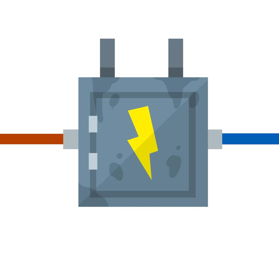 Switchboard. High voltage sensor. Technical industrial appliance. Danger sign - yellow lightning. Current switch. Cartoon flat illustration. Fuse and electrical engineering. Electrical wires in box vector