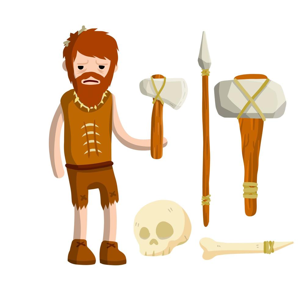 Primitive caveman. Prehistoric hunter. Stone age. Man with an axe or a hammer. vector