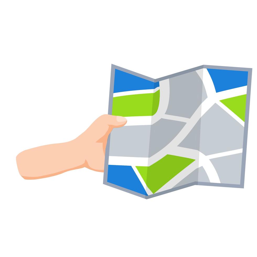 mapa de la ciudad en la mano. navegación y búsqueda de rutas. turismo y viajes. mapa de papel de las calles de la ciudad. caricatura plana vector