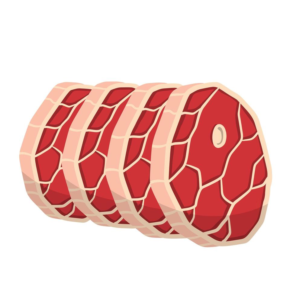 Set of Piece of raw meat. Cartoon illustration. Cut off half beef piece. Element of kitchen, grill, BBQ, steak and delicious meal. Fresh red food with streaks and fat vector