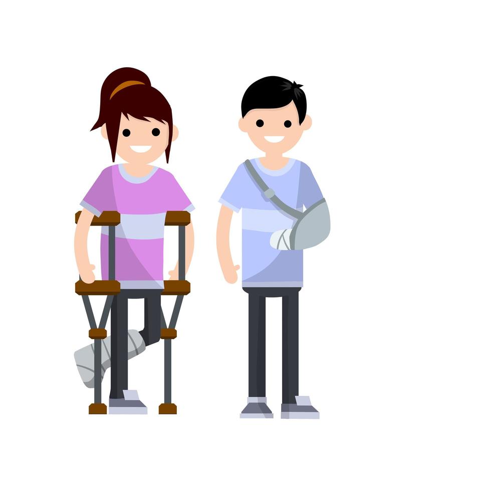 Man and woman with broken arm and leg. Cartoon flat illustration. vector