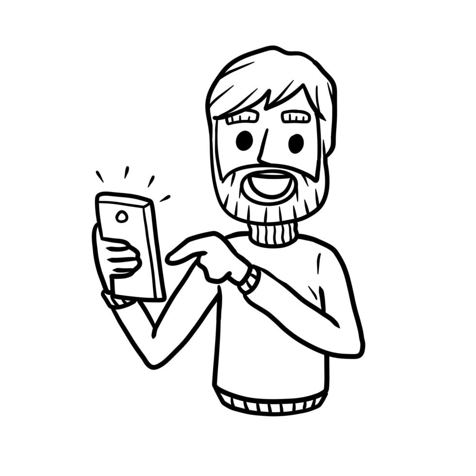 hombre con teléfono móvil. ilustración de boceto dibujado a mano de dibujos animados. chico joven con dispositivo moderno. personaje feliz vector