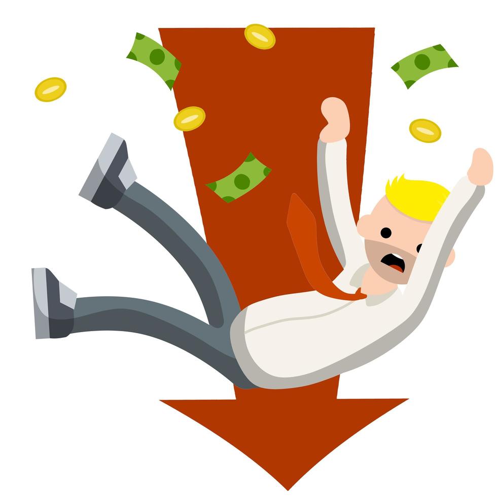 Falling down man in shirt and tie. Office problem. Employee dismissal. Collapse and bankruptcy. Red arrow. Money and crisis. Scared guy. Cartoon flat illustration. Work in Economics. Work in exchange. vector