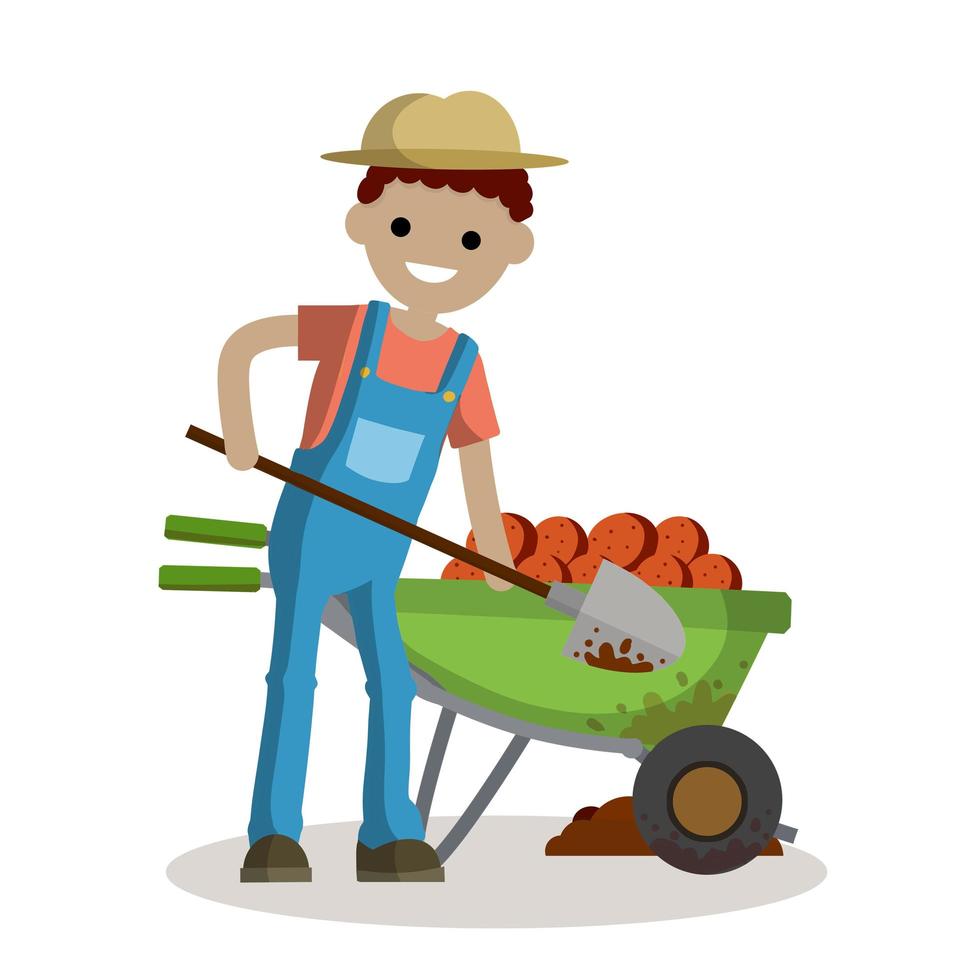 Rural boy digging potatoes with a spade. rustic Cart with vegetables vector