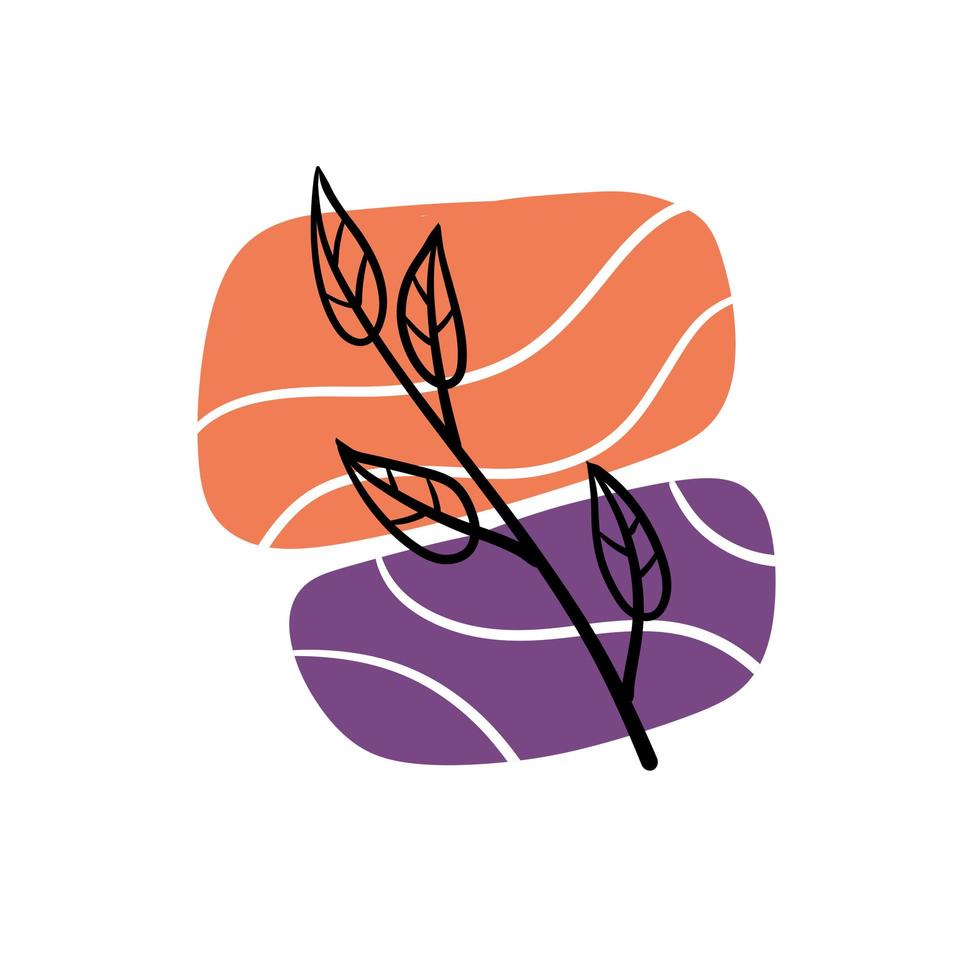 Plant on background of colored spots. Black botanical branch and purple and orange geometric abstract pattern in a minimalist style. Line Doodle object vector