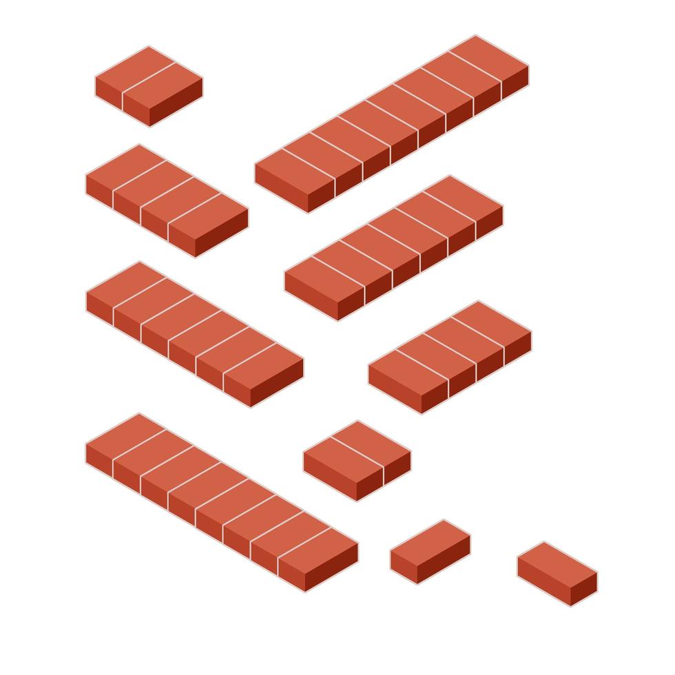 Set of red brick fence in isometric view. Material for renovation of house and curb of road. Construction of buildings. Low barrier and fence vector