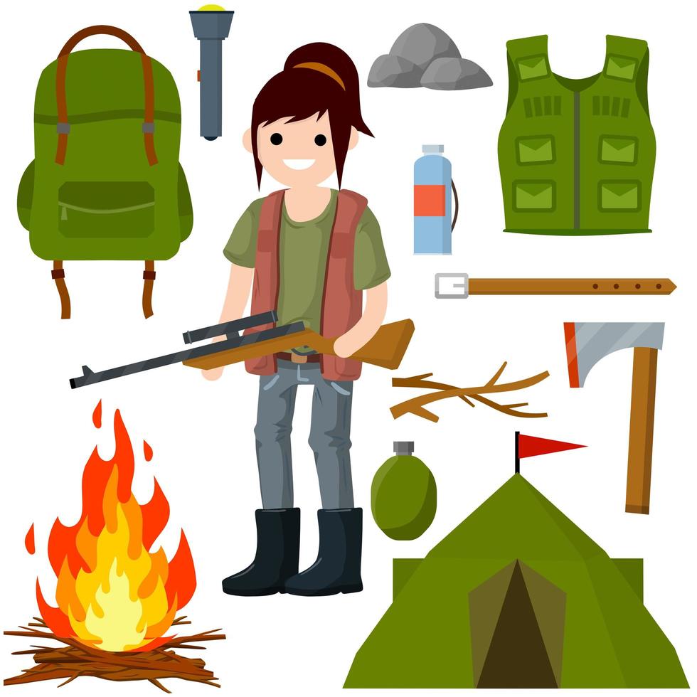 Woman hunter with gun. Survival kit in woods. vector