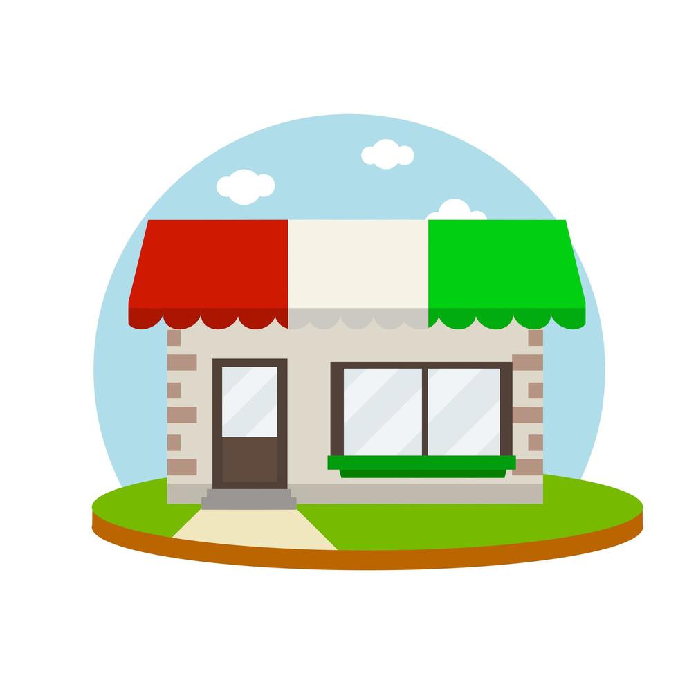 Italian shop. Building of store and pizzeria. Red green sign. element of a city street vector
