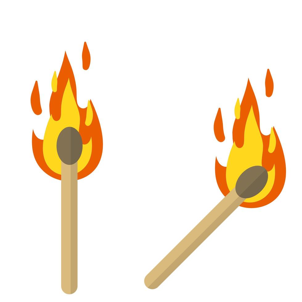 Set of matches. Burning stick. Fire in different positions. vector