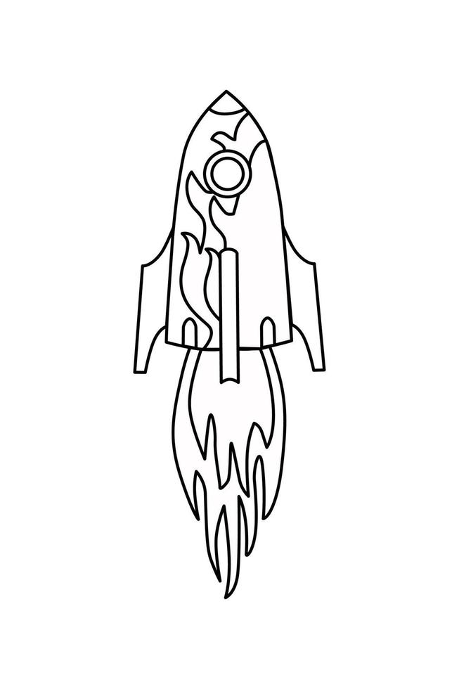 Outline of a rocket ship with fire isolated on a white background. Vector illustration of a flying rocket. The sign of the start of the project. Symbol of a creative idea. Coloring book.