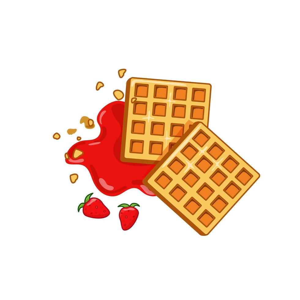 Belgian waffle with strawberry jam. Isolated white background. EPS10 vector illustration.
