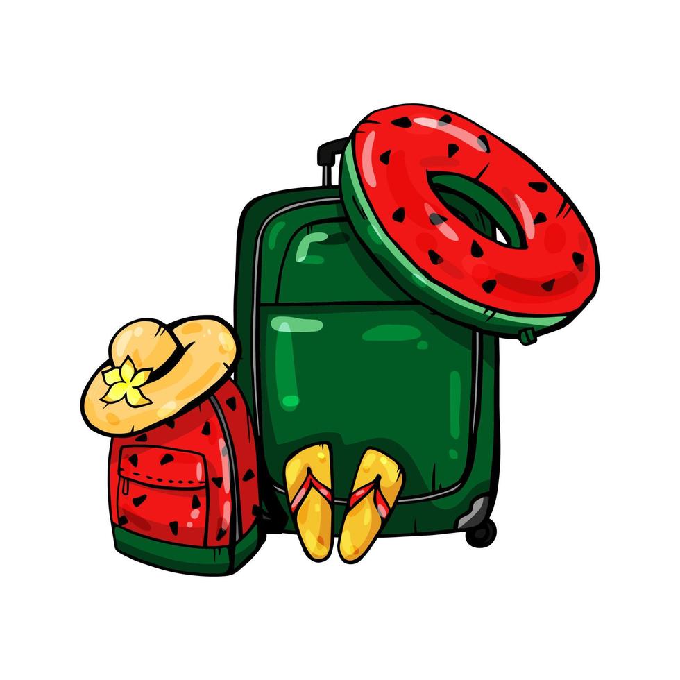 maleta verde con mochila para viajes u ocio. un conjunto de cosas para viajar. diseño colorido, ilustración aislada sobre fondo blanco. gráficos vectoriales vector