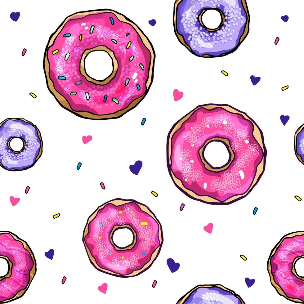 Colorful vector seamless pattern with delicious donuts. Isolated background.
