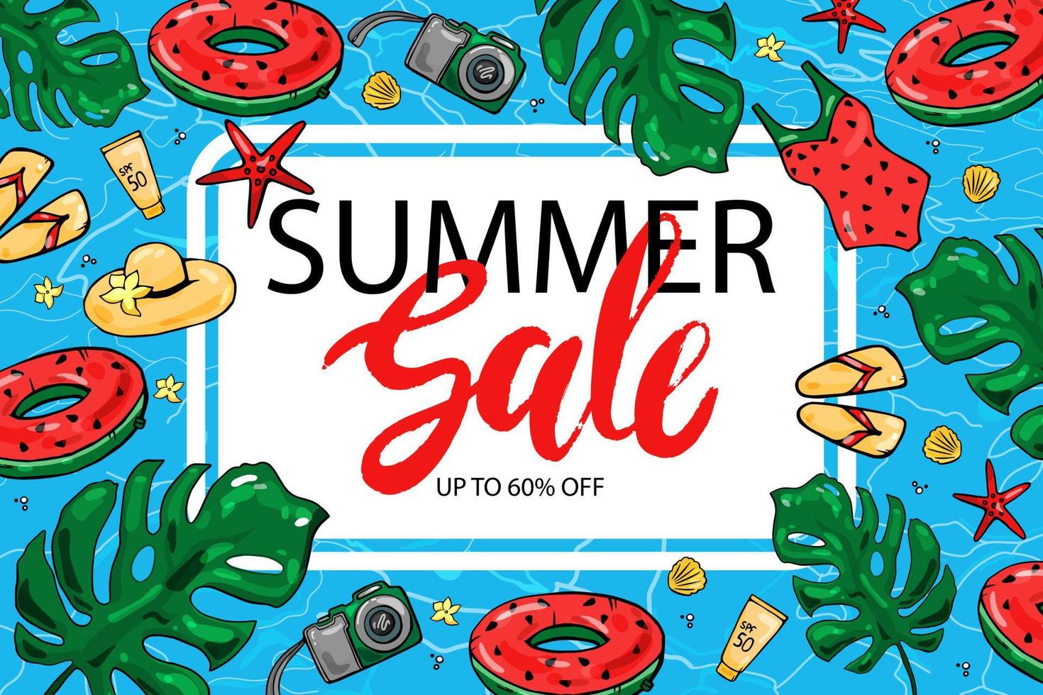 Summer sale promo banner. Seashells, camera, swimsuit, inflatable circle, palm leaves, hat, sun cream on a water background. Vector illustration.