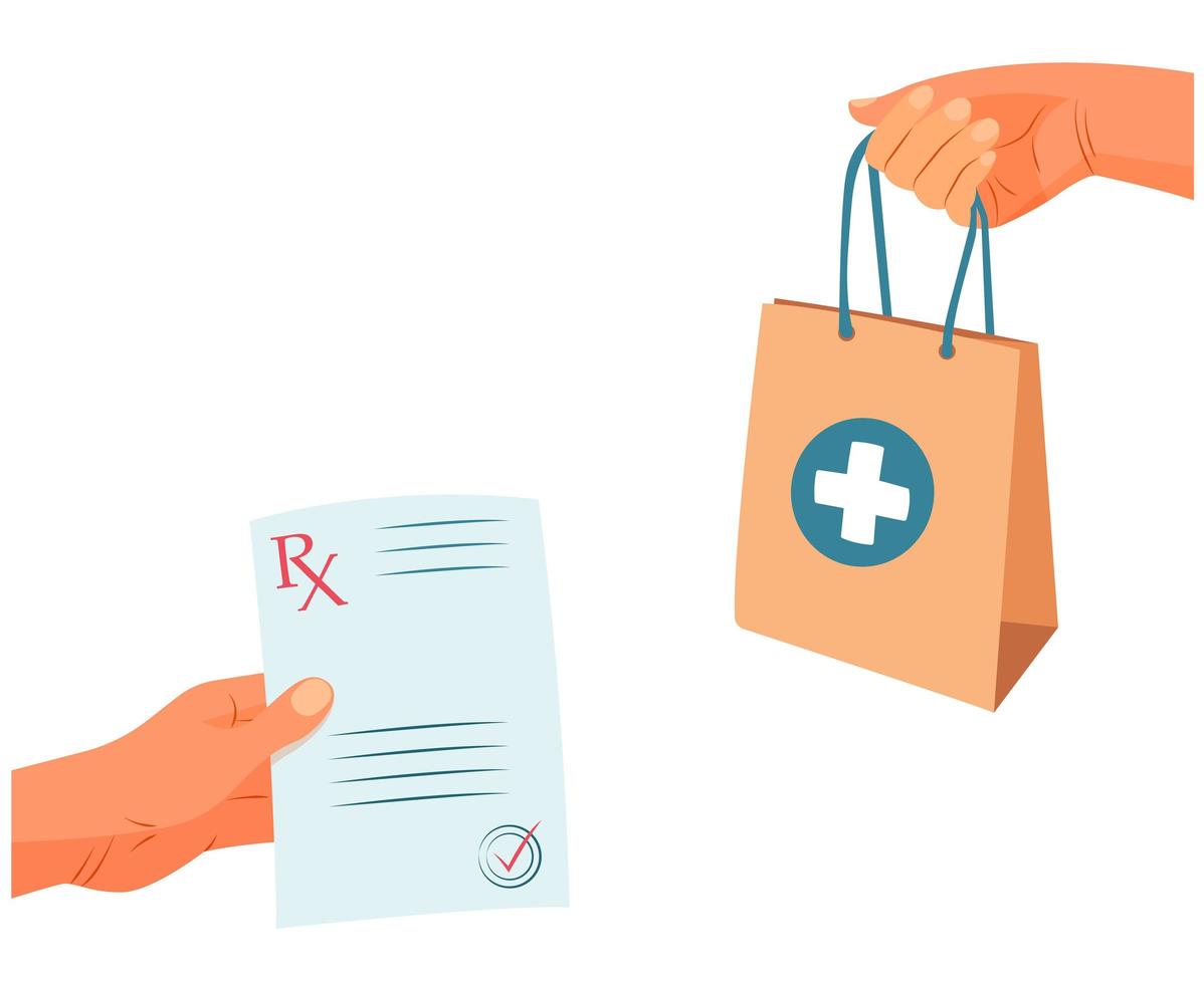 Form rx with stamp. Prescription drugs sale concept with hands illustration. vector
