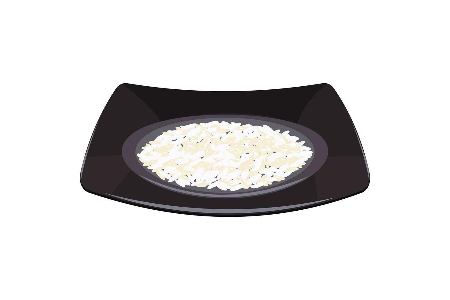 White rice on black square plate. Vector illustration of cereal garnish.