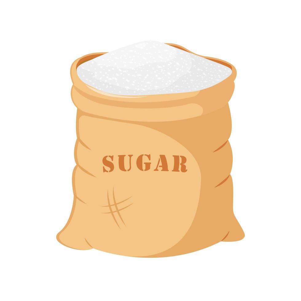 Sugar in an open canvas bag. White sugar packaging, cartoon style. vector