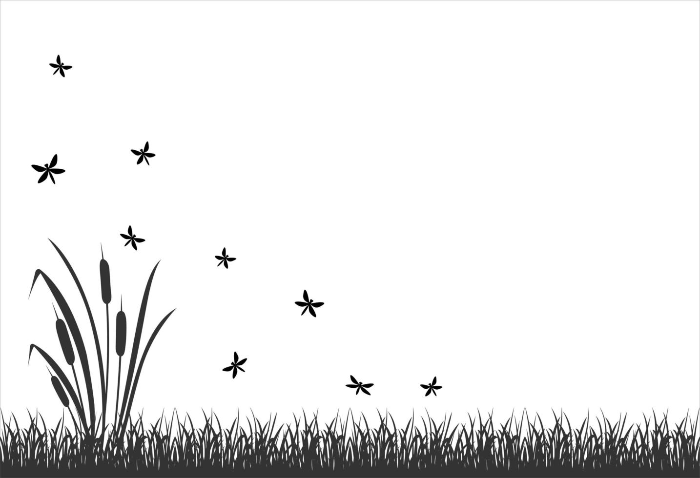 Black silhouette of swamp grass with flying insects, dragonflies. vector