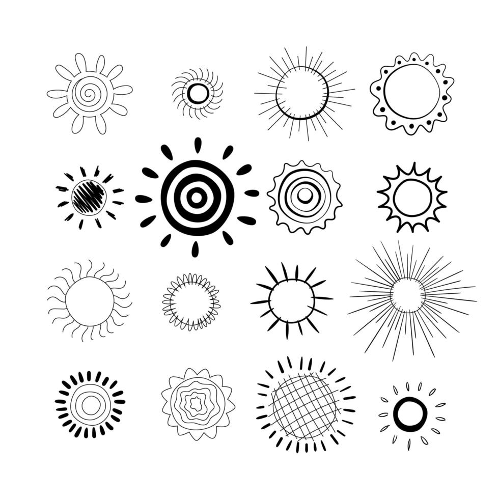 Hand-drawn sun collection. Different styles and strokes. vector