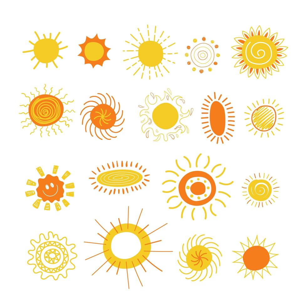 Hand-drawn sun pack. Different styles and strokes. vector