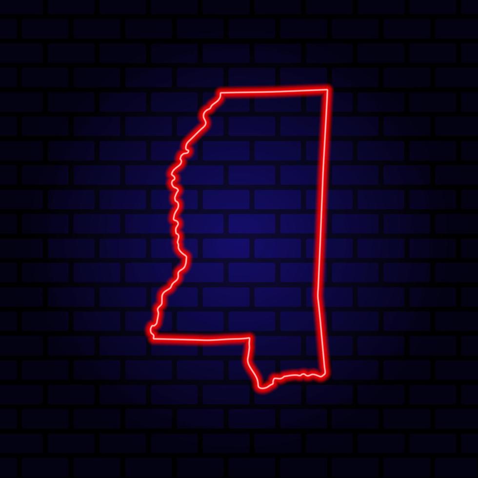 Neon map State of Mississippi on brick wall background. vector