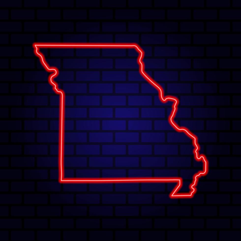 Neon map State of Missouri on brick wall background. vector