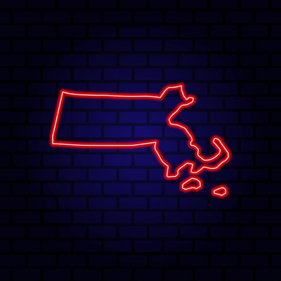 Neon map State of Massachusetts on brick wall background. vector