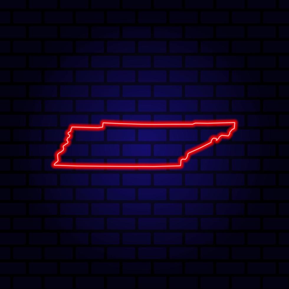 Neon map State of Tennessee on brick wall background. vector