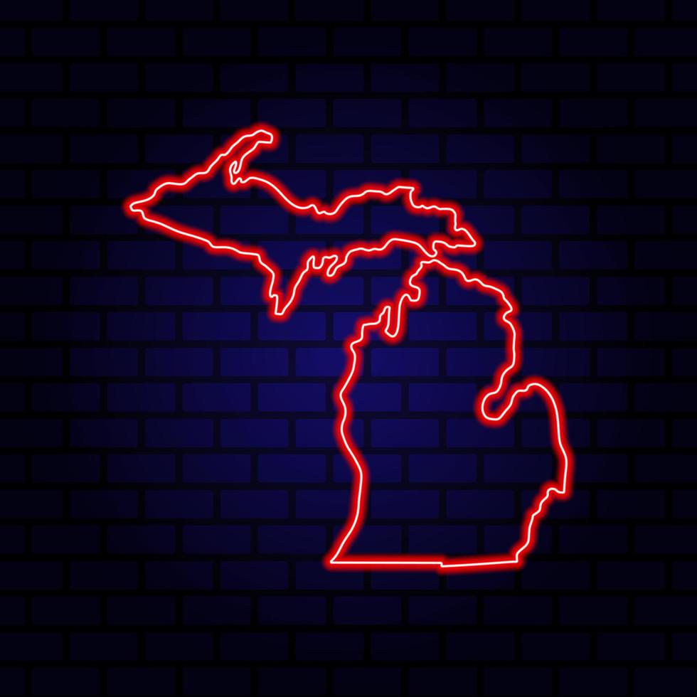 Neon map State of Michigan on brick wall background. vector